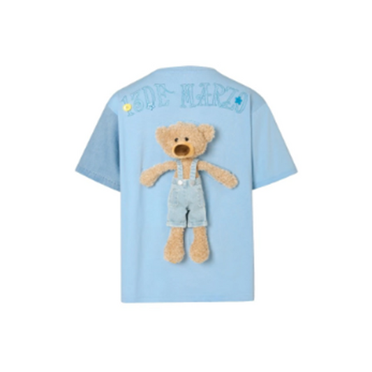 13 DE MARZO SWEET BEAN BEAR DENIM PATCHWORK TEE BLUE